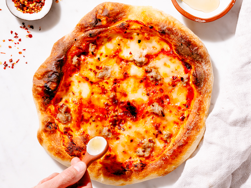 Spicy Sausage Pizza with Honey Crust Type Thin Crust, 8 oz dough
